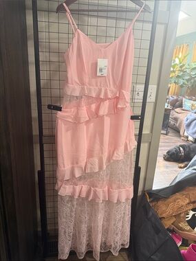 Women’s Pink Ruffle Lace Maxi Dress - Classic Girls' Party Dress